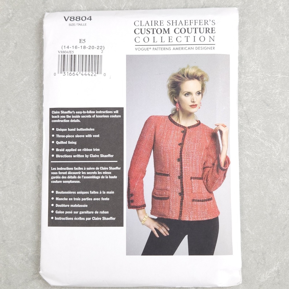 Vogue V8804 Claire Shaeffer Couture Chanel Style Jacket Sewing Pattern Sz 14-22